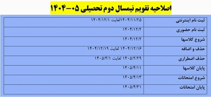اصلاحیه تقویم نیمسال دوم تحصیلی 05-1404